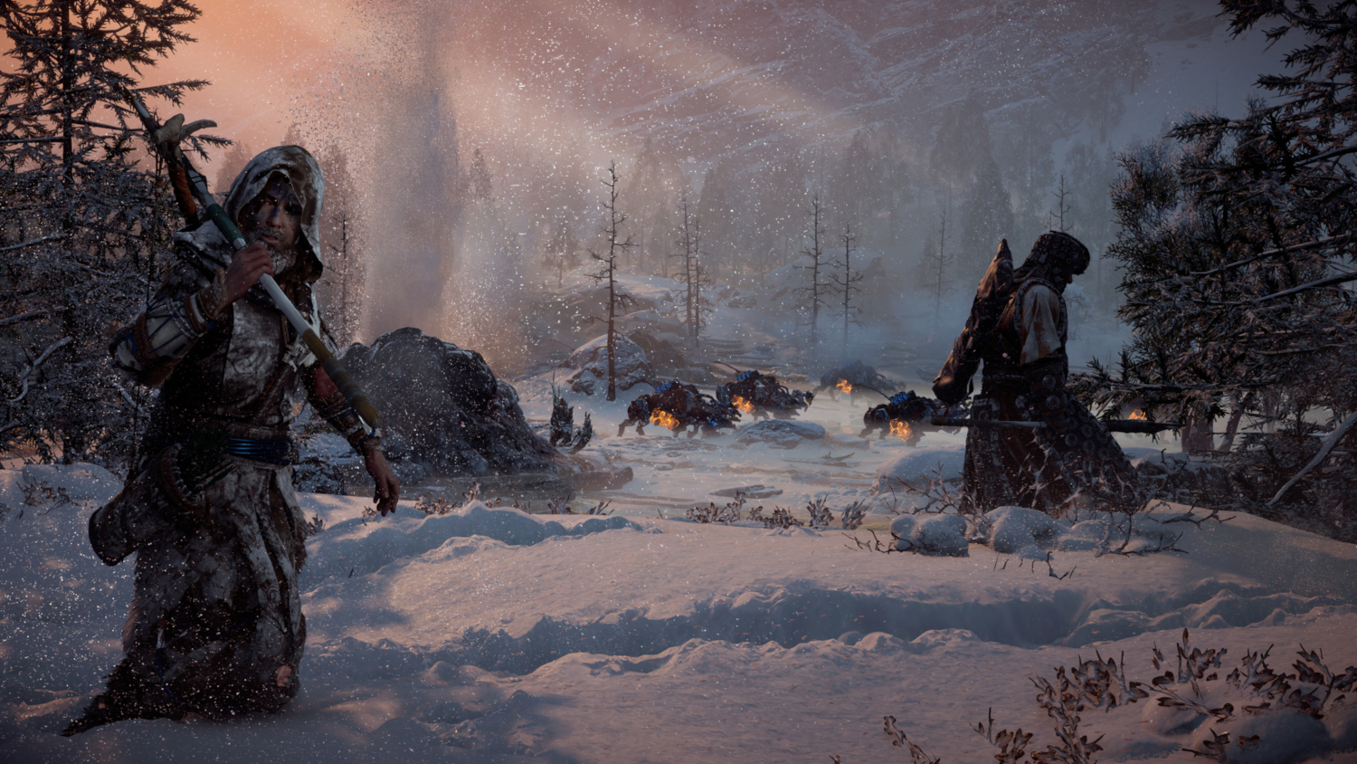 Besneeuwd landschap met twee figuren en robots, winterscène, screenshot van een videogame.
