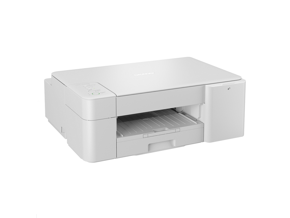 Una impresora Brother blanca. Tiene una bandeja de papel y un panel de control en la parte superior.