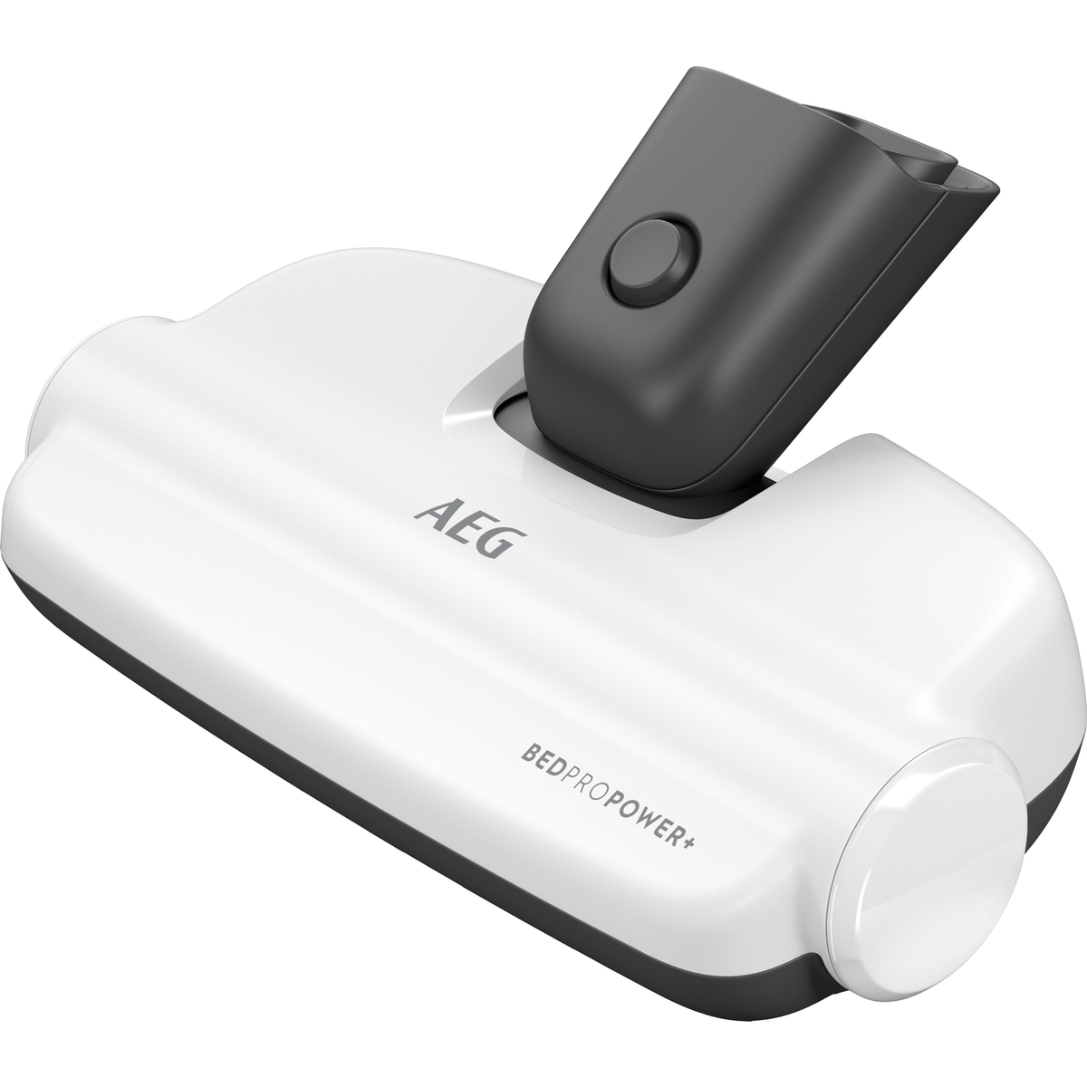 Weiß-grauer AEG Bedpropower+ Staubsaugerkopf. Er hat einen schwenkbaren schwarzen Kopf mit Knopf und AEG-Logo.