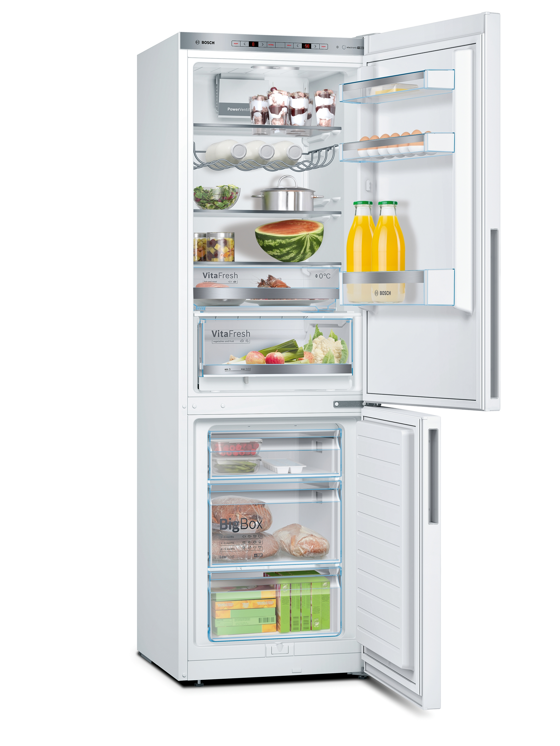 White refrigerator with open doors, showing shelves, food items.