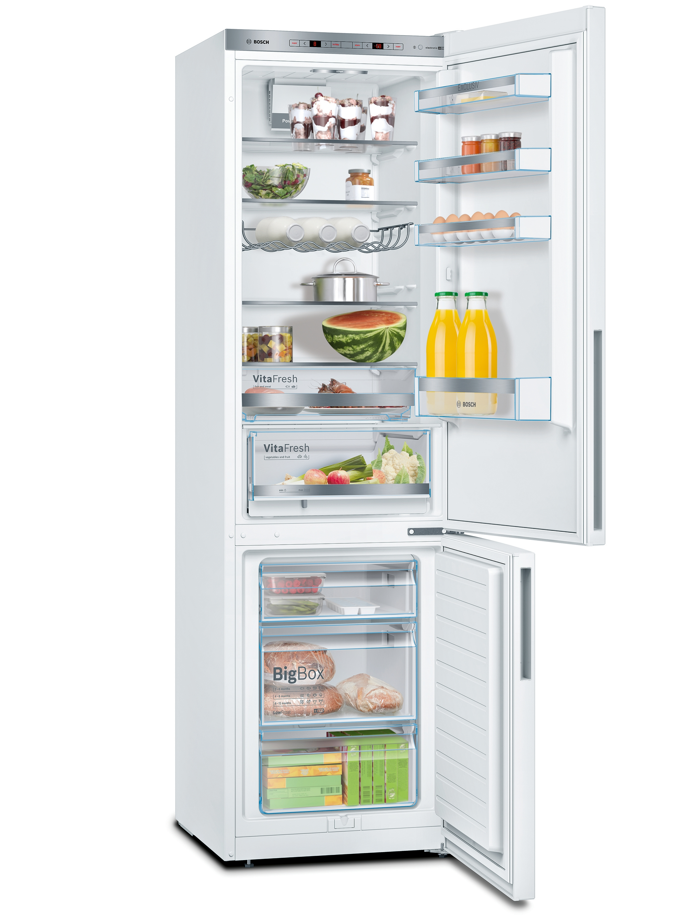 A white Bosch refrigerator with the doors open. Inside are shelves with food and drinks.
