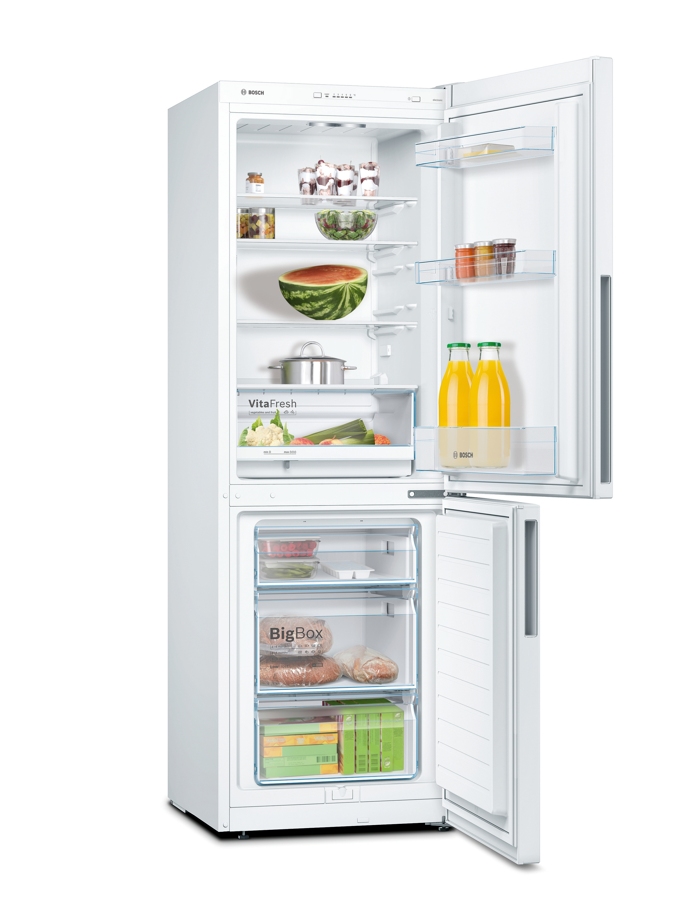 White refrigerator with a top freezer and bottom refrigerator compartment. The door is open, showing contents.