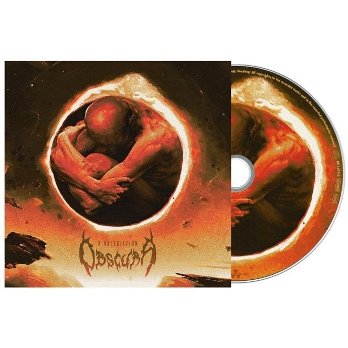 Albumcover: Eine Person, die sich in einer dunklen, kreisförmigen Öffnung zusammenrollt. Bandname 'Obscura'.