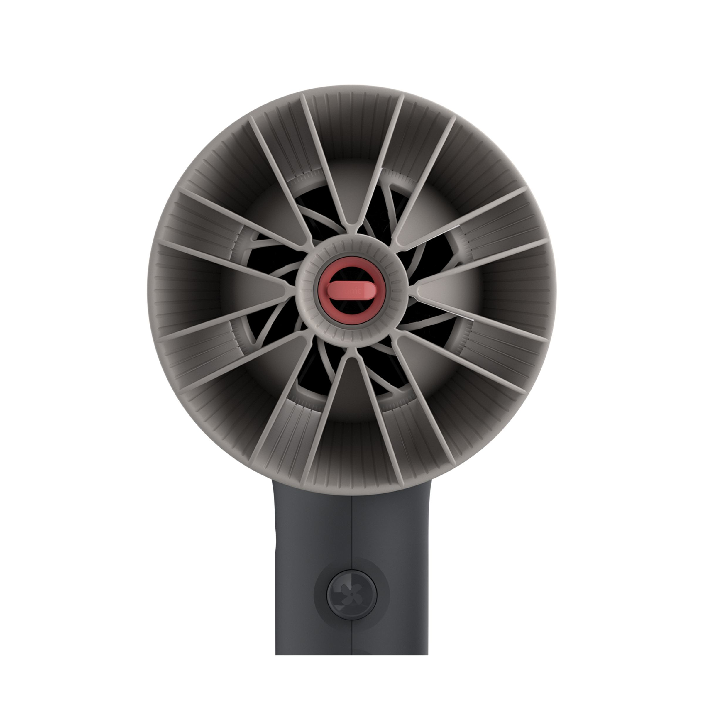 A top-down view of a hairdryer. The fan is gray with a red center. The handle is black.