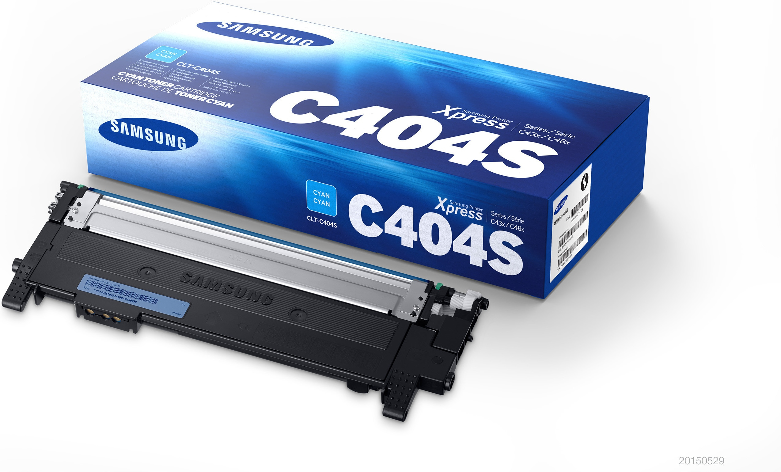 A Samsung C404S cyan toner cartridge and its box are displayed on a white background.