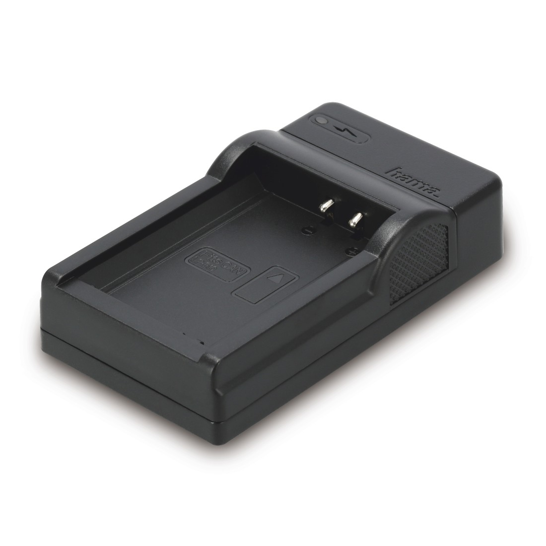 Schwarzes Hama-Batterieladegerät auf weißer Oberfläche. Es ist eine Ladestation.