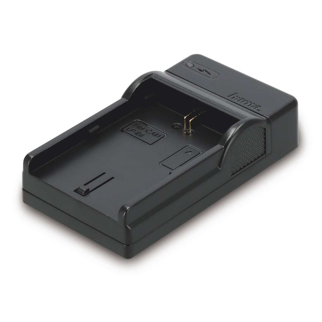 Schwarzes Batterieladegerät für einen Kameraakku.