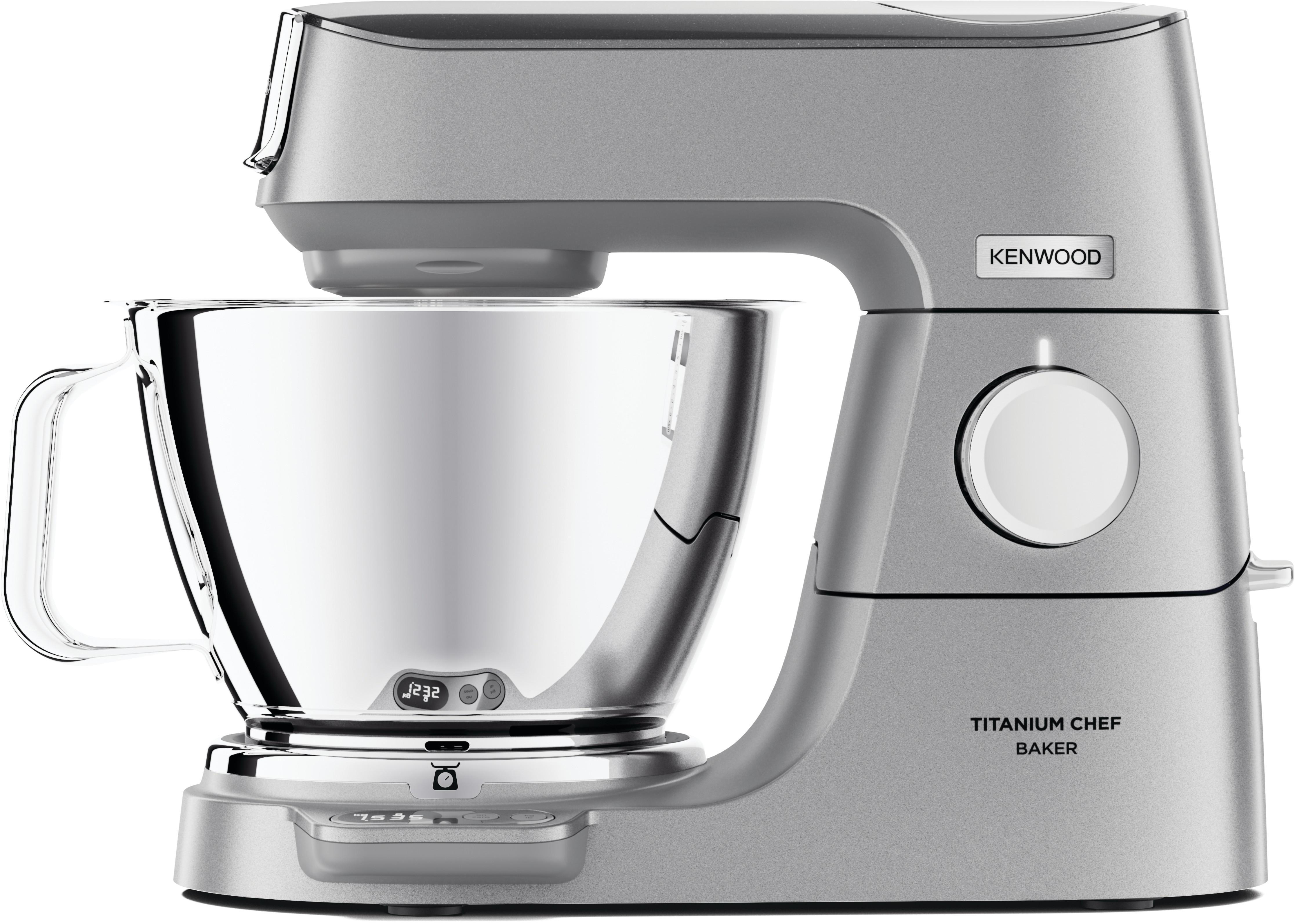Silberner Kenwood Titanium Chef Baker Mixer. Der Mixer hat eine Schüssel, einen Arm und einen Schalter.