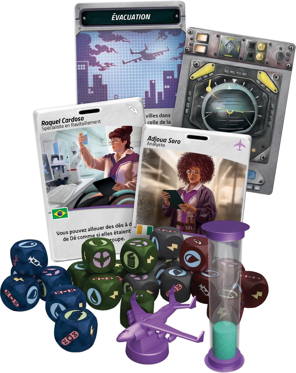 Game cards, dice, and figurines on a table. Cards show characters and a cityscape in the background.