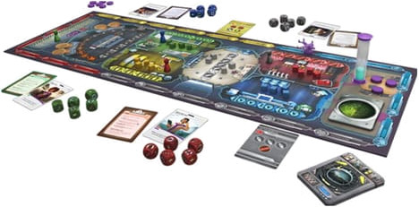 Board game with various components. Board is long with sections and dice, cards, and other game pieces.