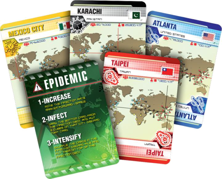 Kaarten van een bordspel met kaarten, tekst en een epidemiekaart.