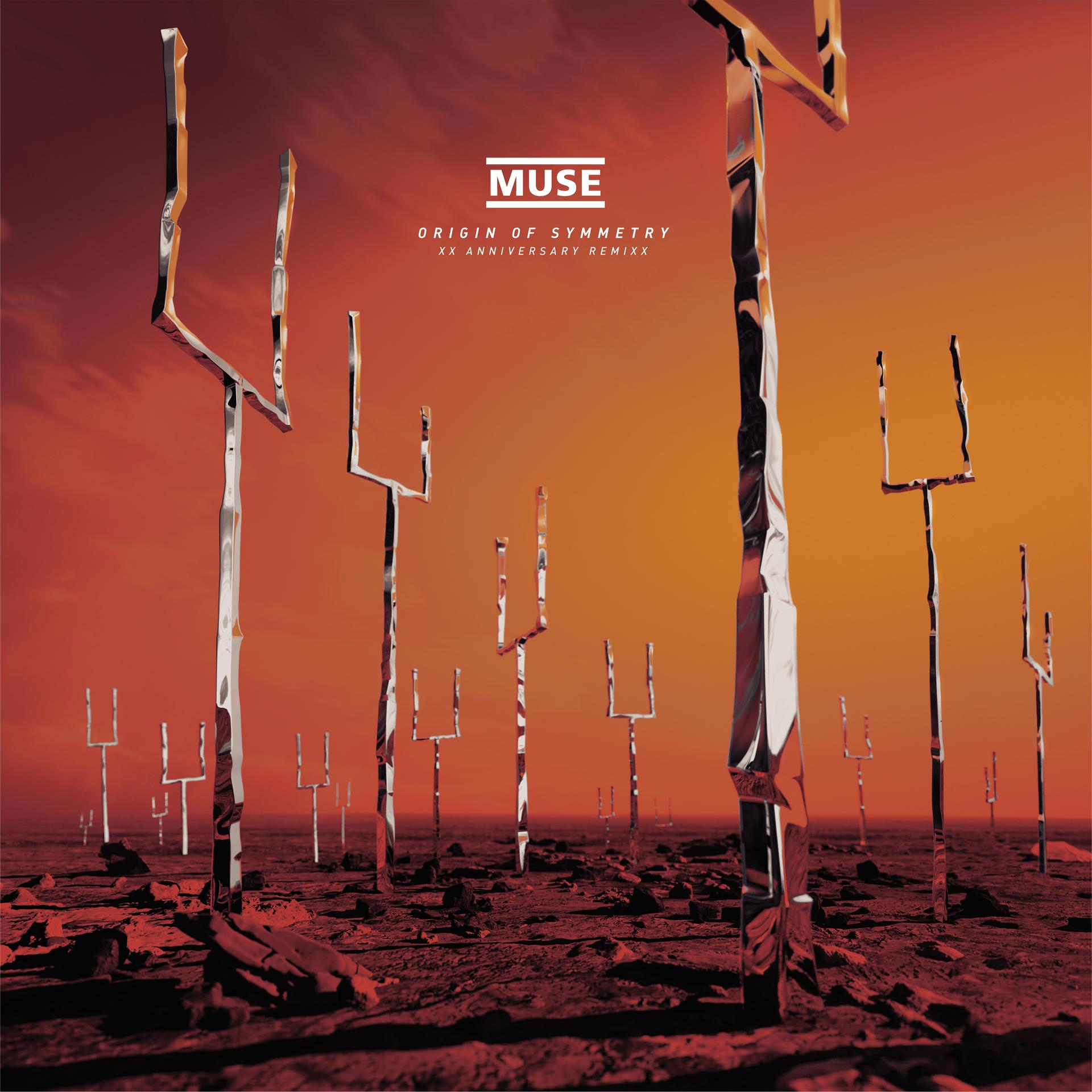 Album borítója ezüst, U-alakú szerkezetekkel, piros-narancs alapon. Cím: MUSE, Origin of Symmetry.