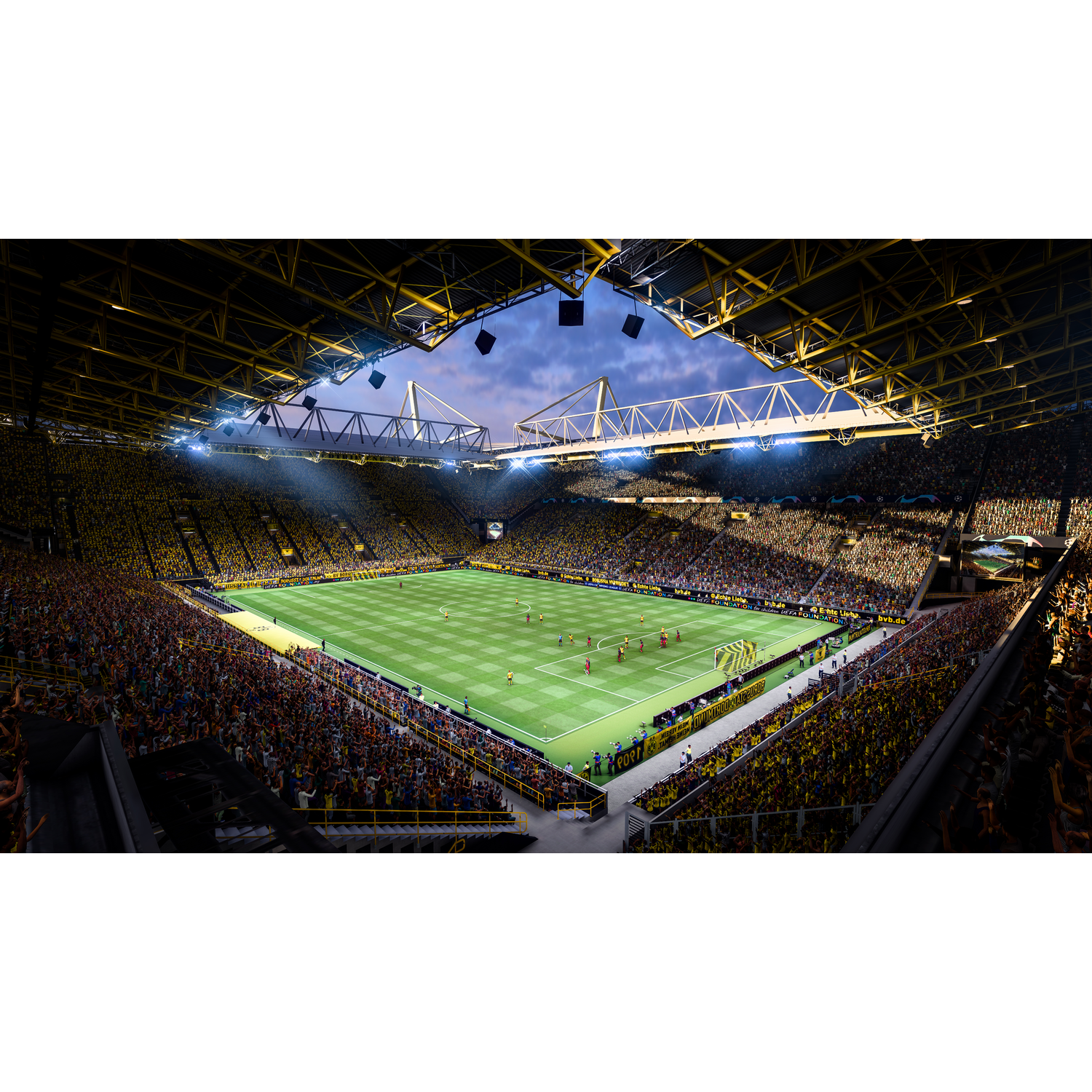 Un gran estadio lleno de fanáticos. Un partido de fútbol está en curso en el campo verde.