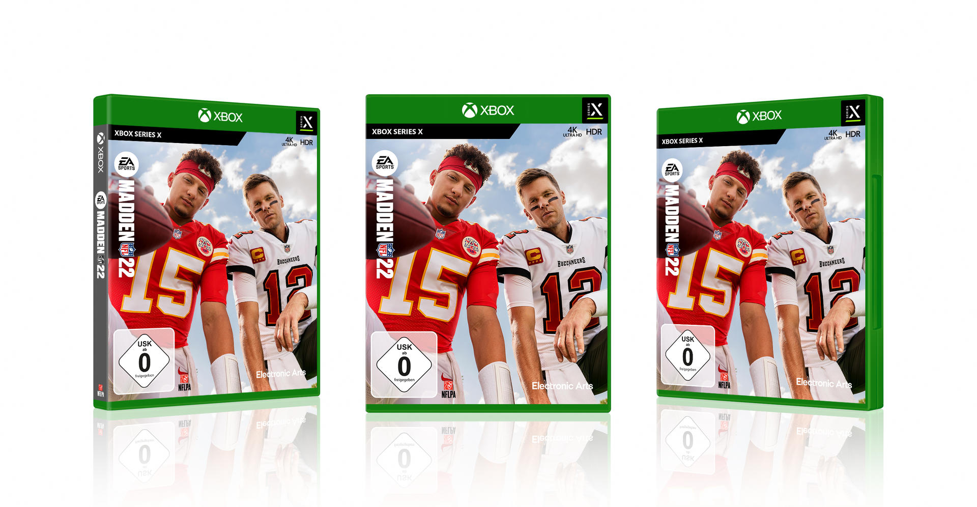 Spielboxen von Madden NFL 22. Zeigt Spieler mit den roten und weißen Chiefs und den weißen und roten Buccaneers.