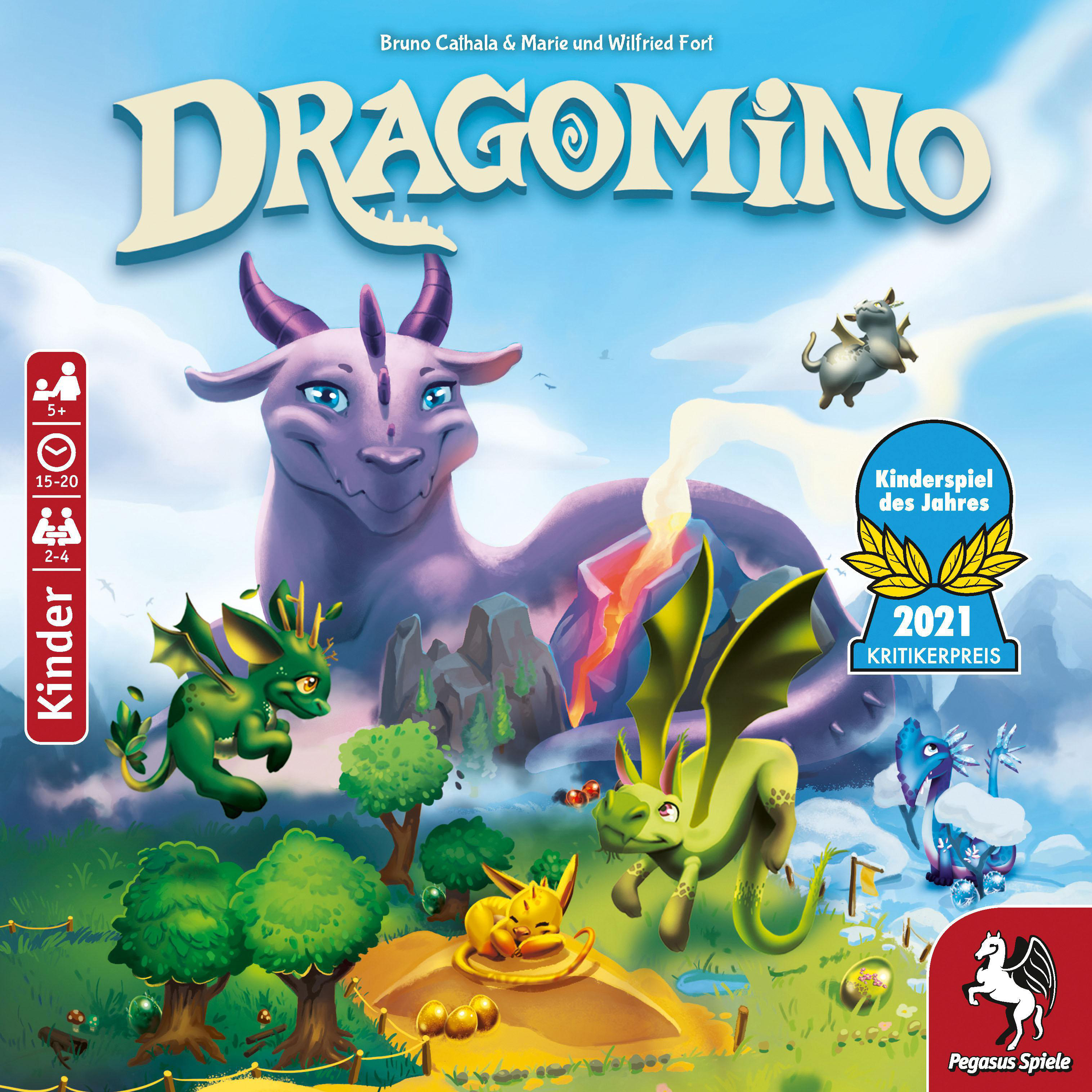 Brettspiel, Dragomino, lila Drache, grüne Drachen, blauer Himmel, Auszeichnung.
