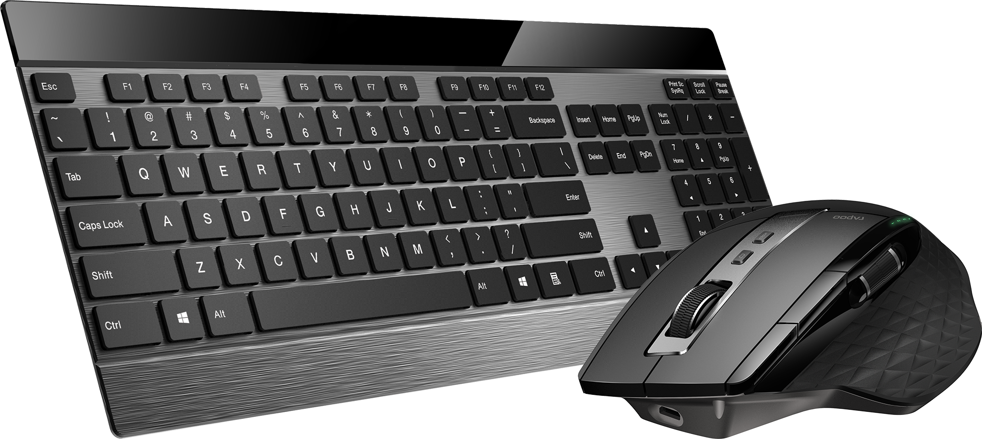 Eine Tastatur und Maus-Kombination auf weißem Hintergrund. Schwarz und Silber.
