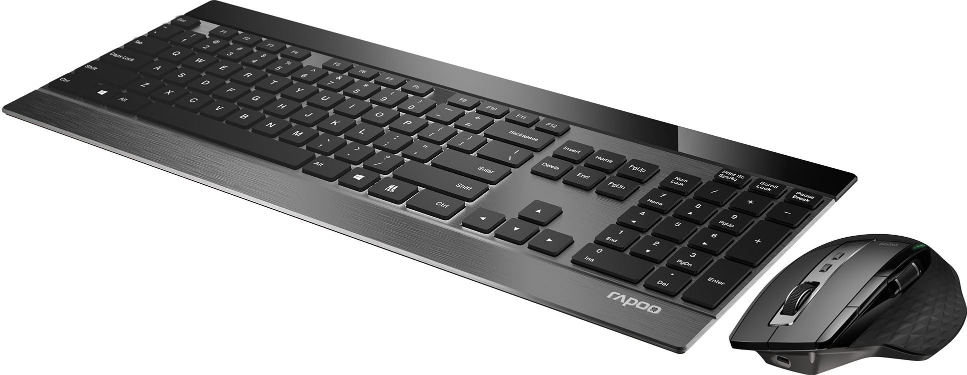 Schwarzes Tastatur- und Maus-Set auf dunklem Hintergrund.