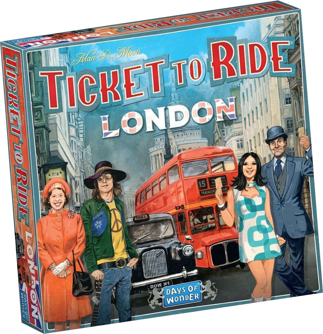 Boîte Ticket to Ride London. Présente des personnes devant un bus à impériale et une rue de Londres.