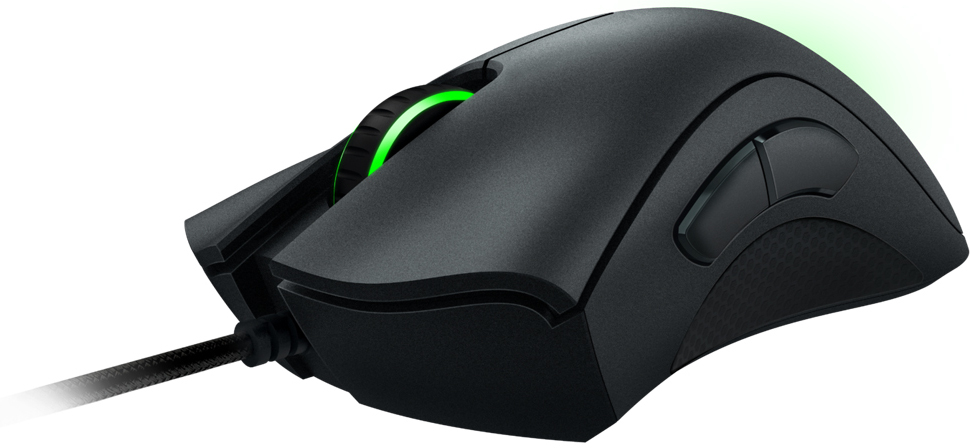 Black gaming mouse with side buttons, scroll wheel, and a glowing green light.