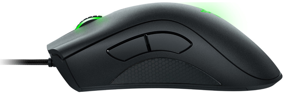 Black gaming mouse with a green LED light on the top and the scroll wheel.