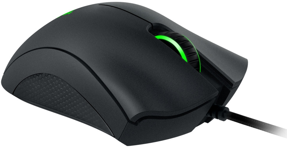 Black Razer gaming mouse with green illuminated scroll wheel.