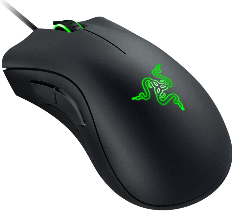 Black Razer gaming mouse with green logo, side buttons, and scroll wheel.
