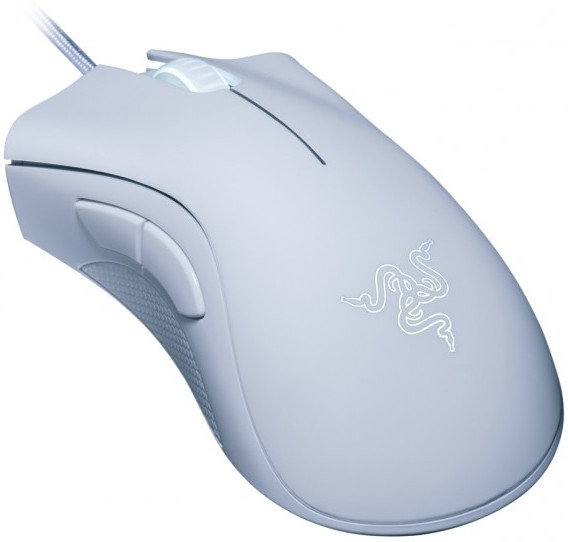 Close-up of a white gaming mouse with a Razer logo.