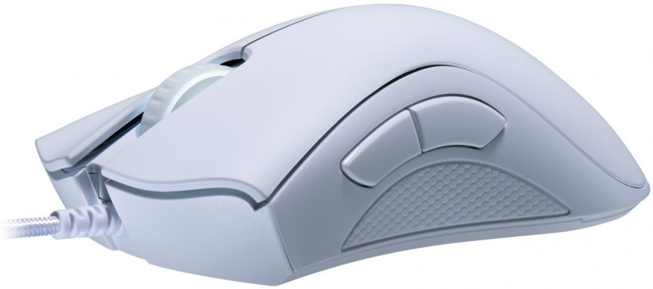 A white computer mouse with a cord.