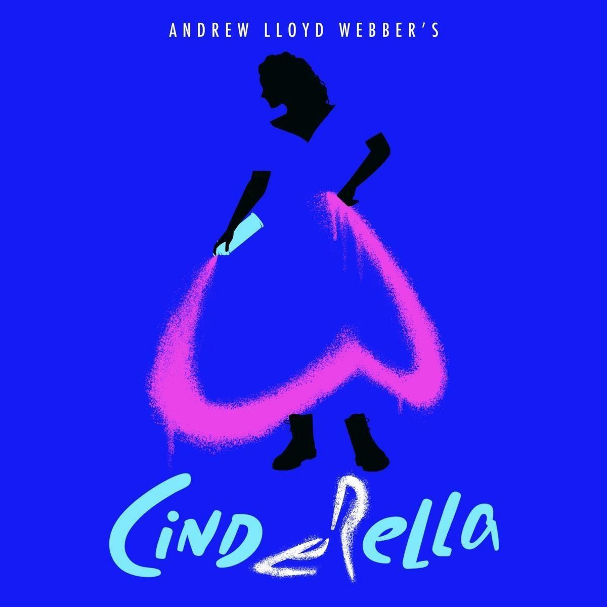 Cinderella musical borítója. Egy személy sziluettje rózsaszín csillámot permetez kék háttérre.
