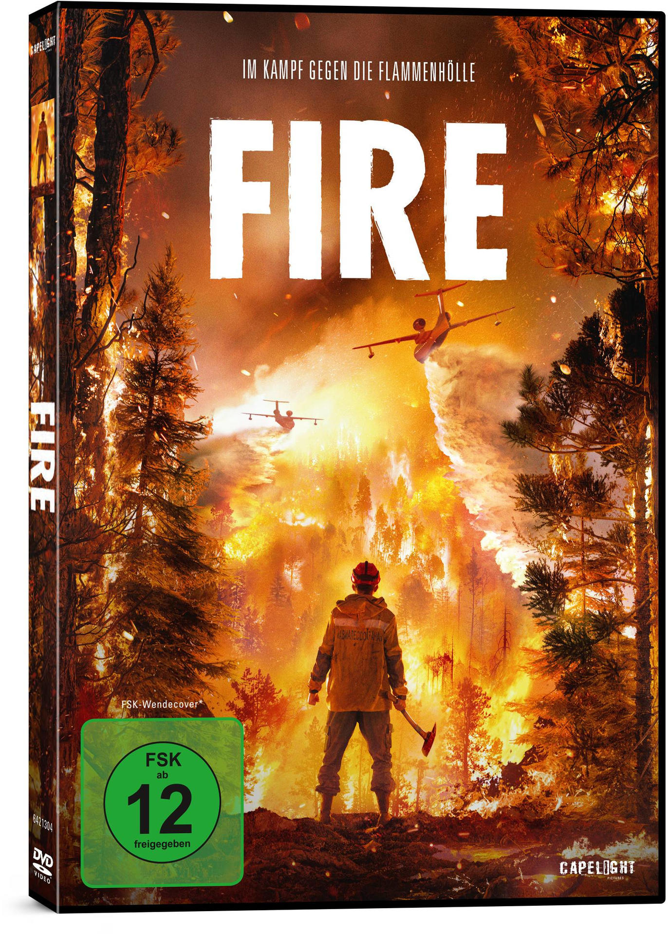DVD-Hülle eines Films mit dem Titel 'Fire'. Eine Person steht vor einem Feuer.