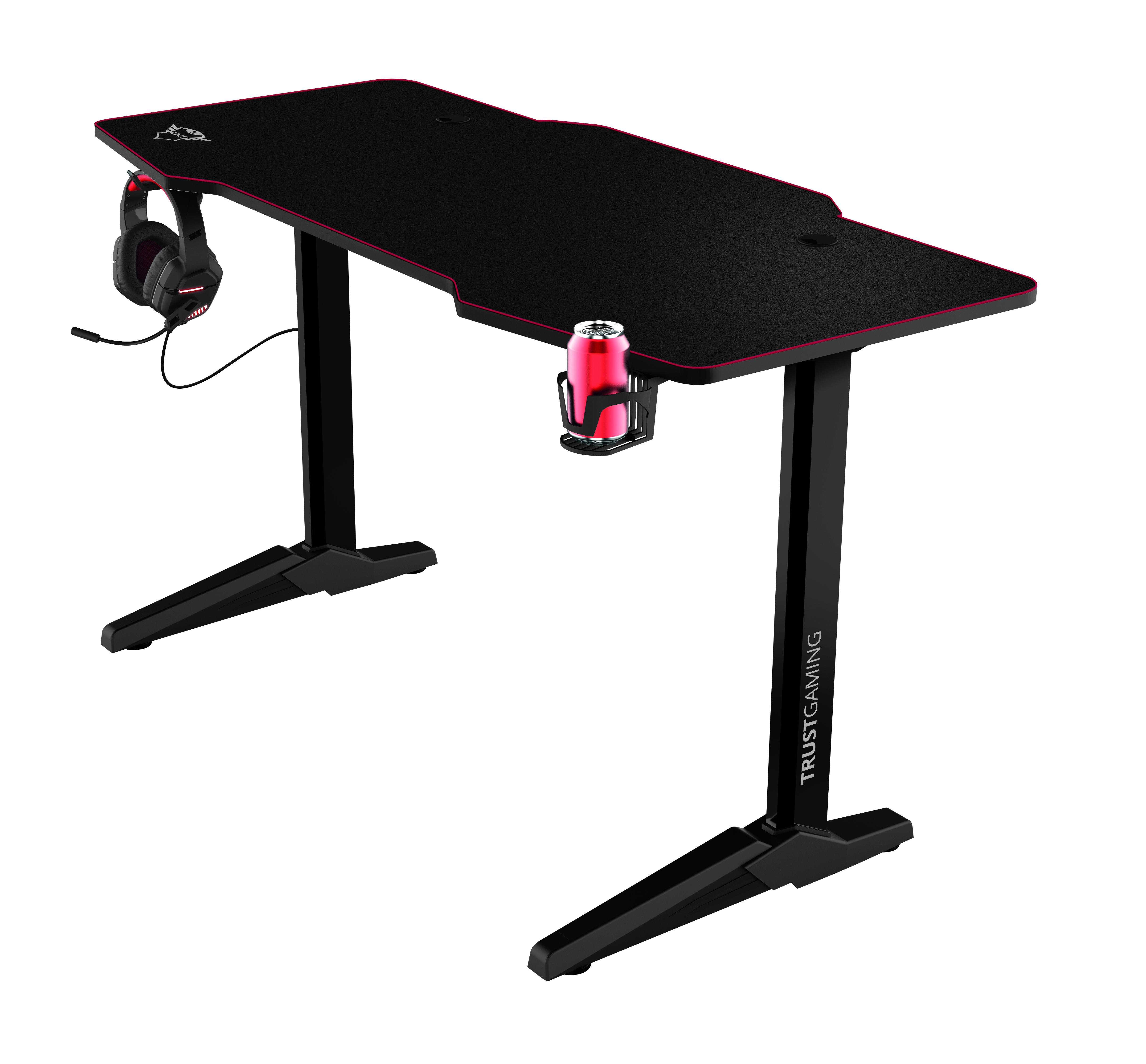 Schwarzer Gaming-Schreibtisch mit roter Verkleidung. Kopfhörer und Getränkehalter befestigt. Stützen am Boden.
