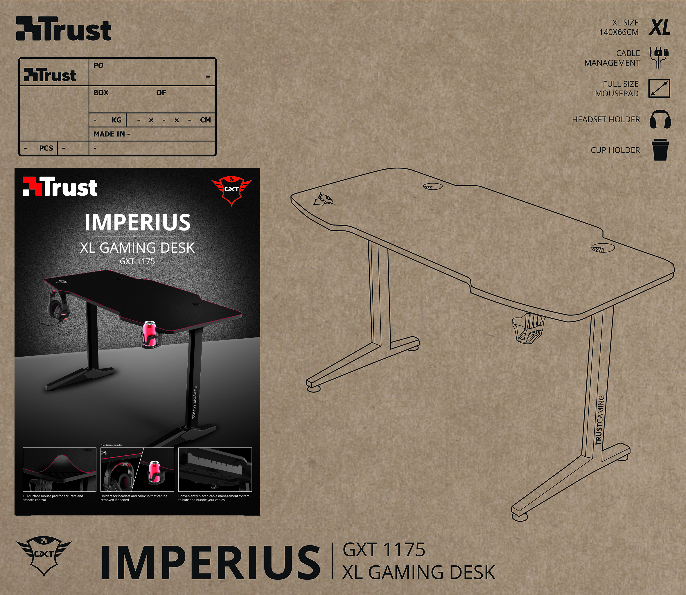 Trust Imperius XL Gaming-Schreibtisch mit Headset-Halter, Kabelmanagement und Getränkehalter, schwarz und rot.