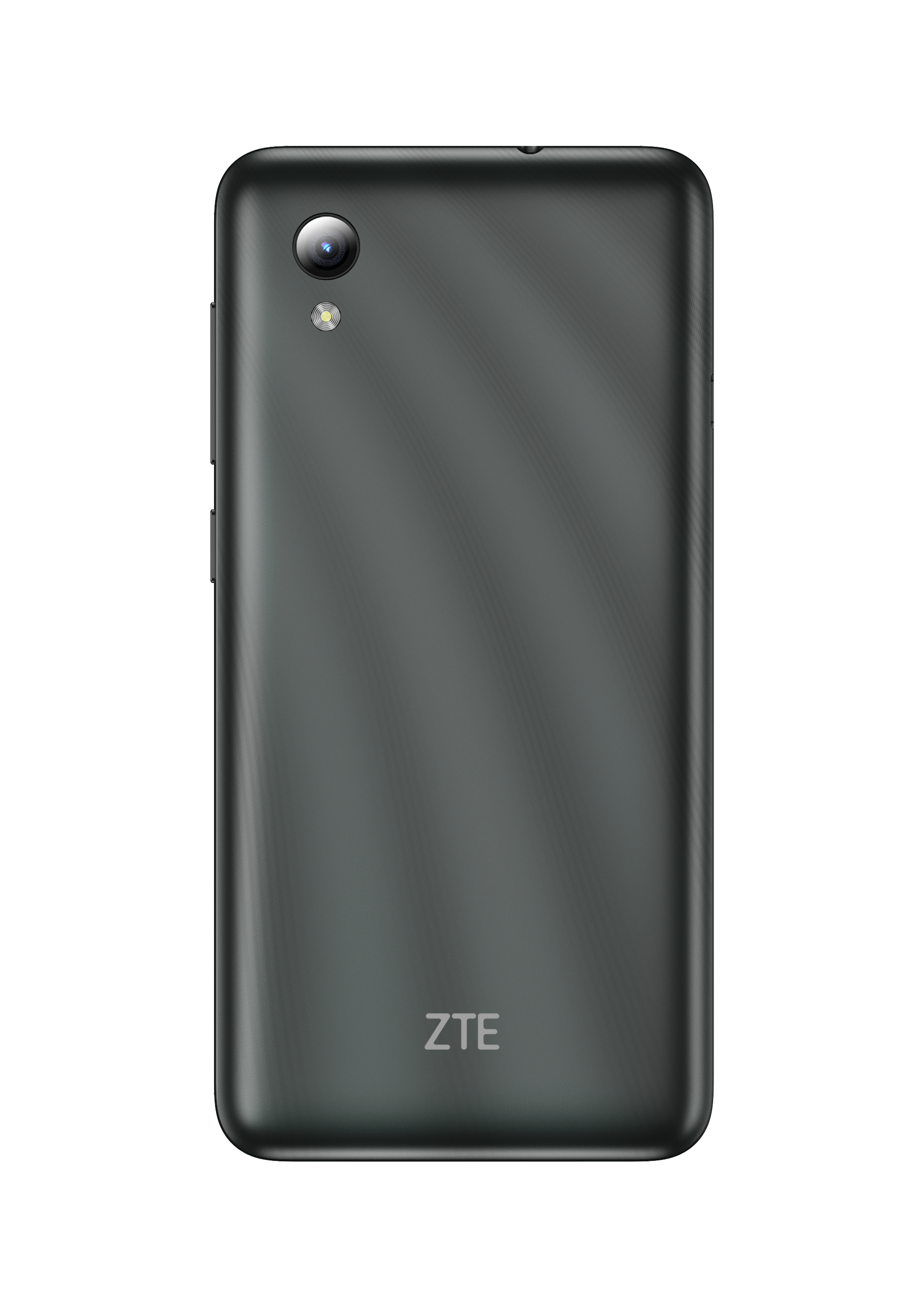 Schwarze ZTE-Telefonrückseite mit Kamera. Vertikales Linienmuster. ZTE-Logo unten.
