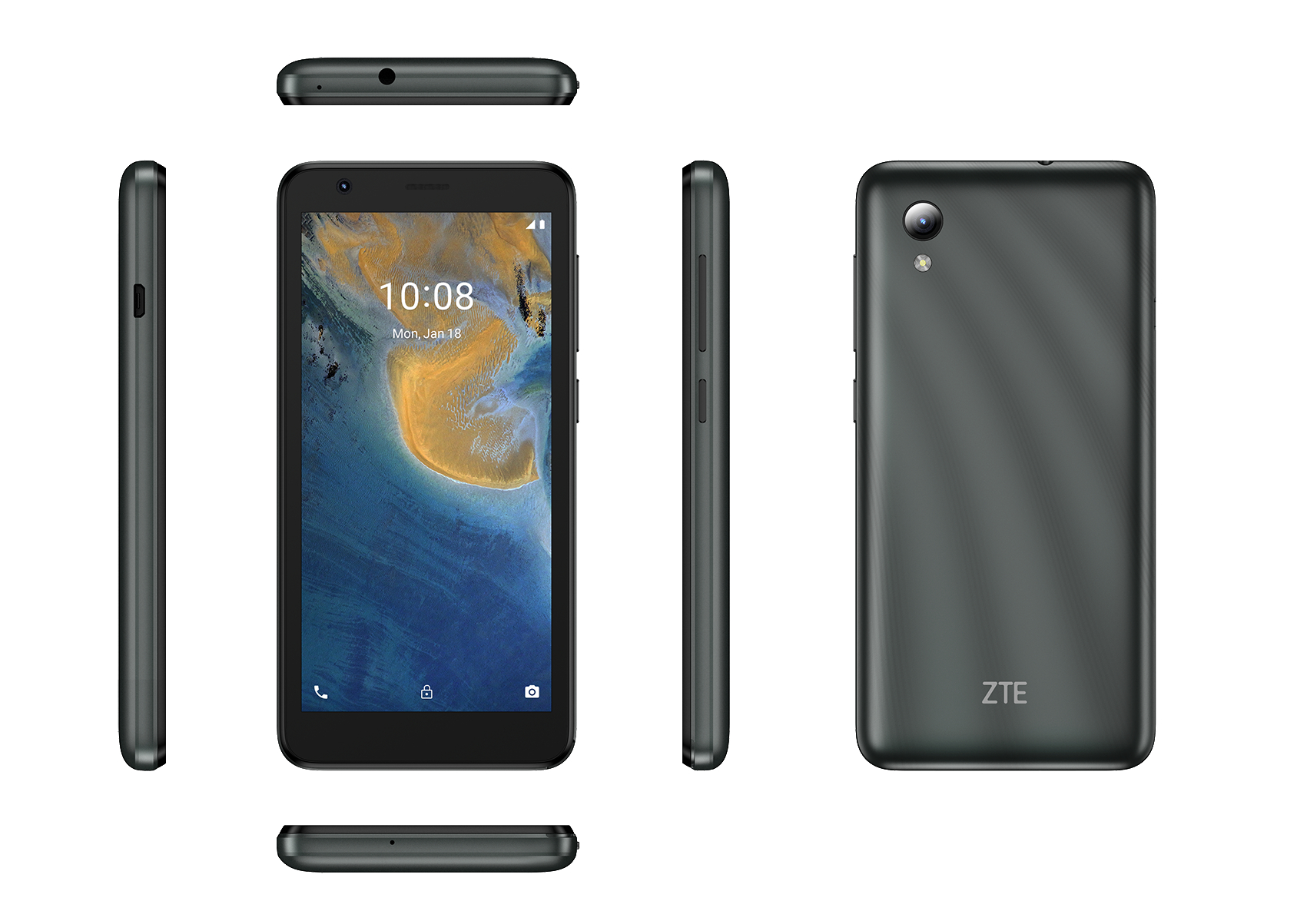 Ein dunkelgrünes ZTE-Smartphone, verschiedene Winkel, isoliert auf Weiß.