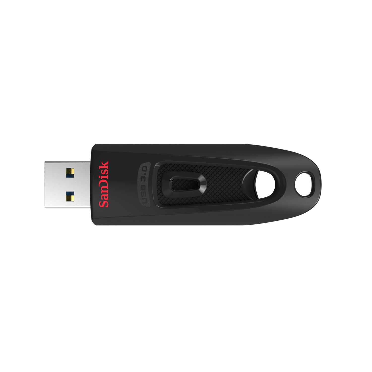 Una unidad USB SanDisk negra, con un logotipo rojo y etiqueta USB 3.0. Tiene un agujero para un cordón.