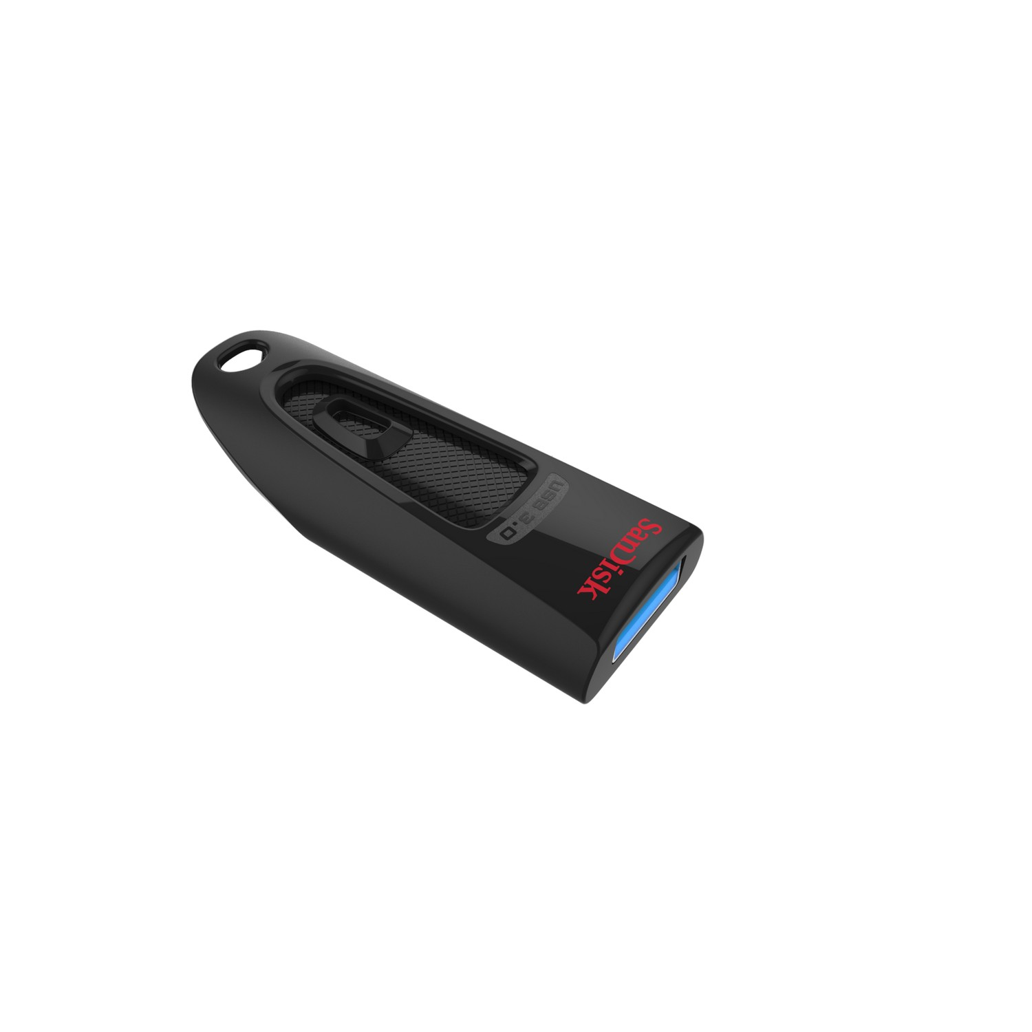 Unidad flash USB 3.0 negra con el logotipo rojo "Sandisk". Vista en ángulo sobre un fondo blanco.