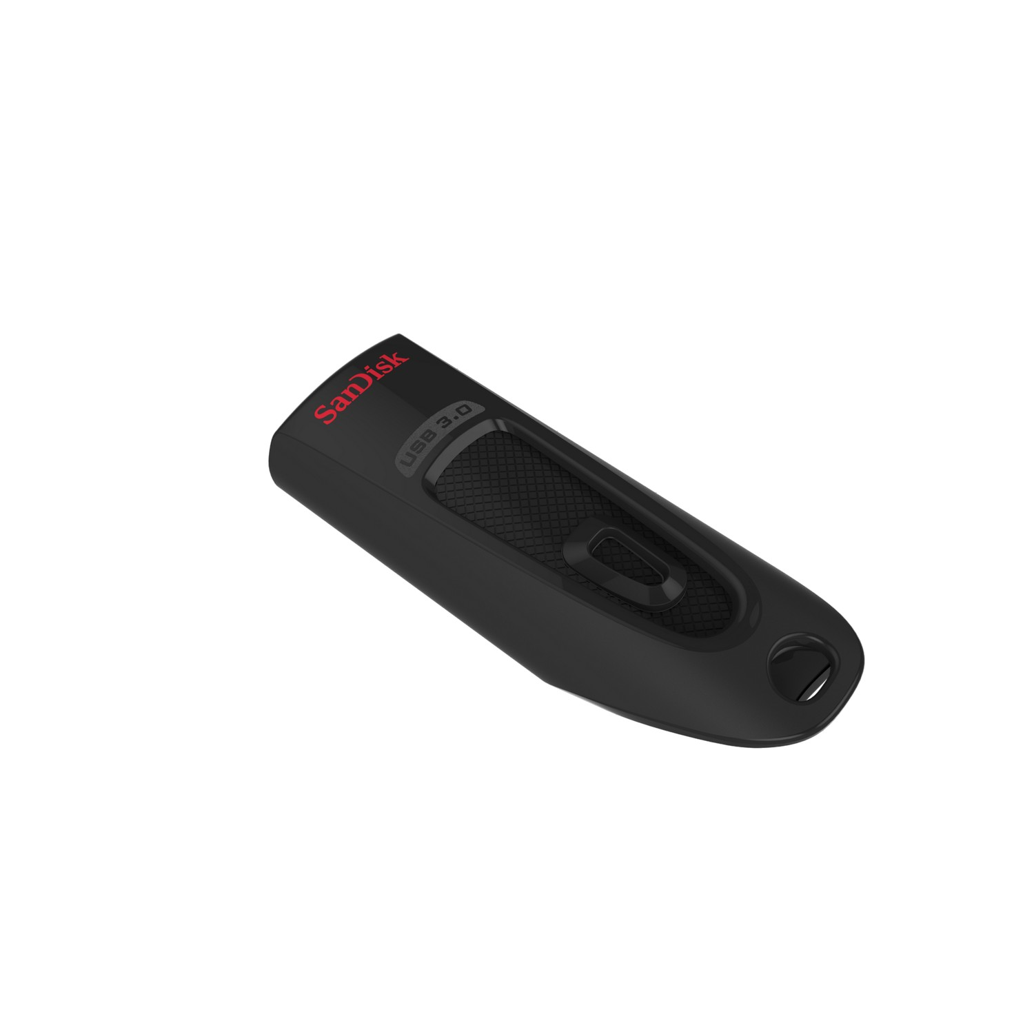 Una unidad flash USB 3.0 SanDisk negra sobre una superficie blanca.