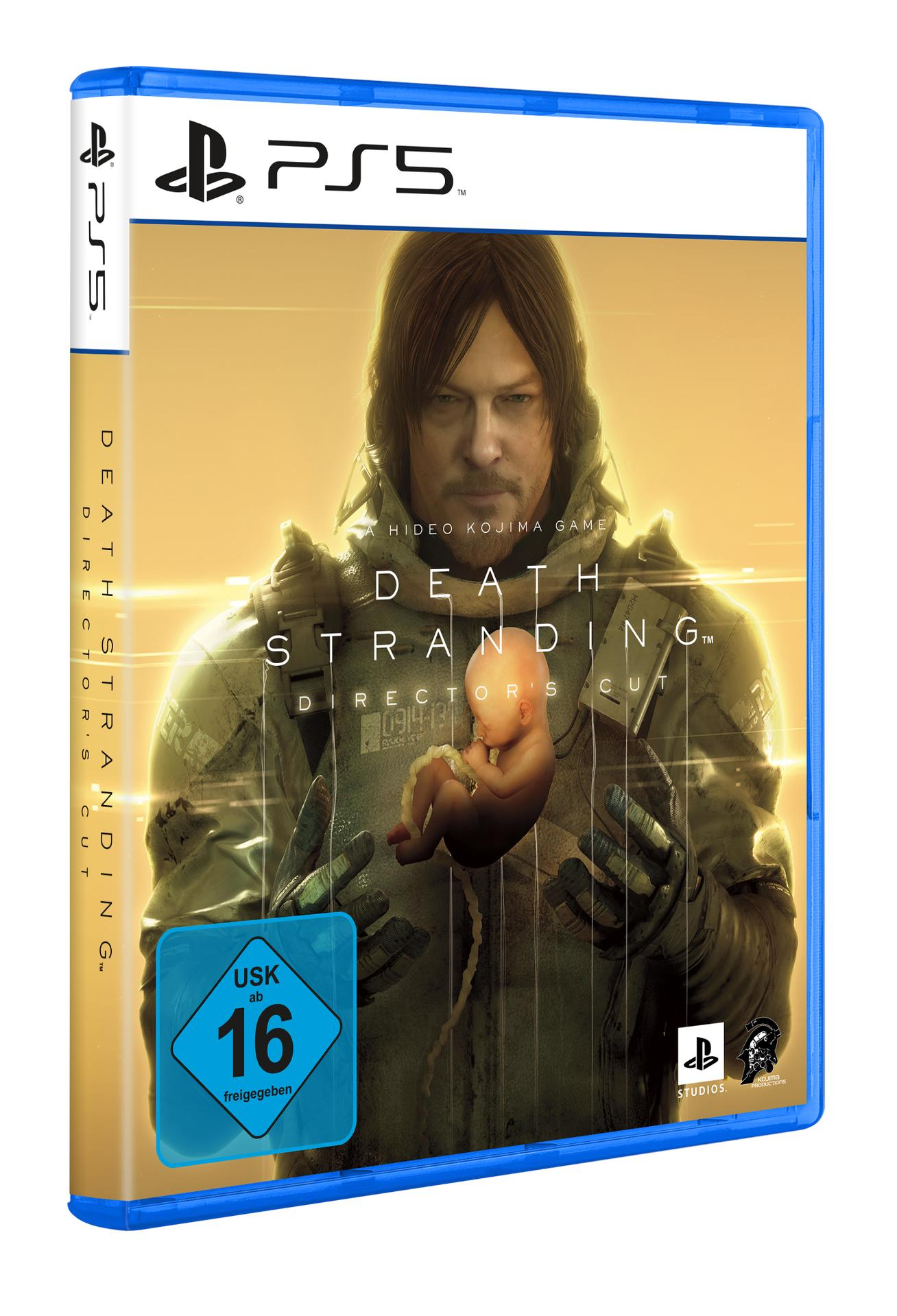 PS5-Spielhülle für Death Stranding, Mann hält Baby. Blaue und goldene Farben.