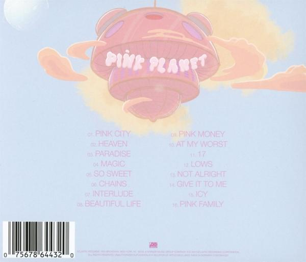 A Pink Planet album borítójának hátoldala. Egy rózsaszín, idegen lényre emlékeztető szerkezet szöveggel a tracklist felett középen.