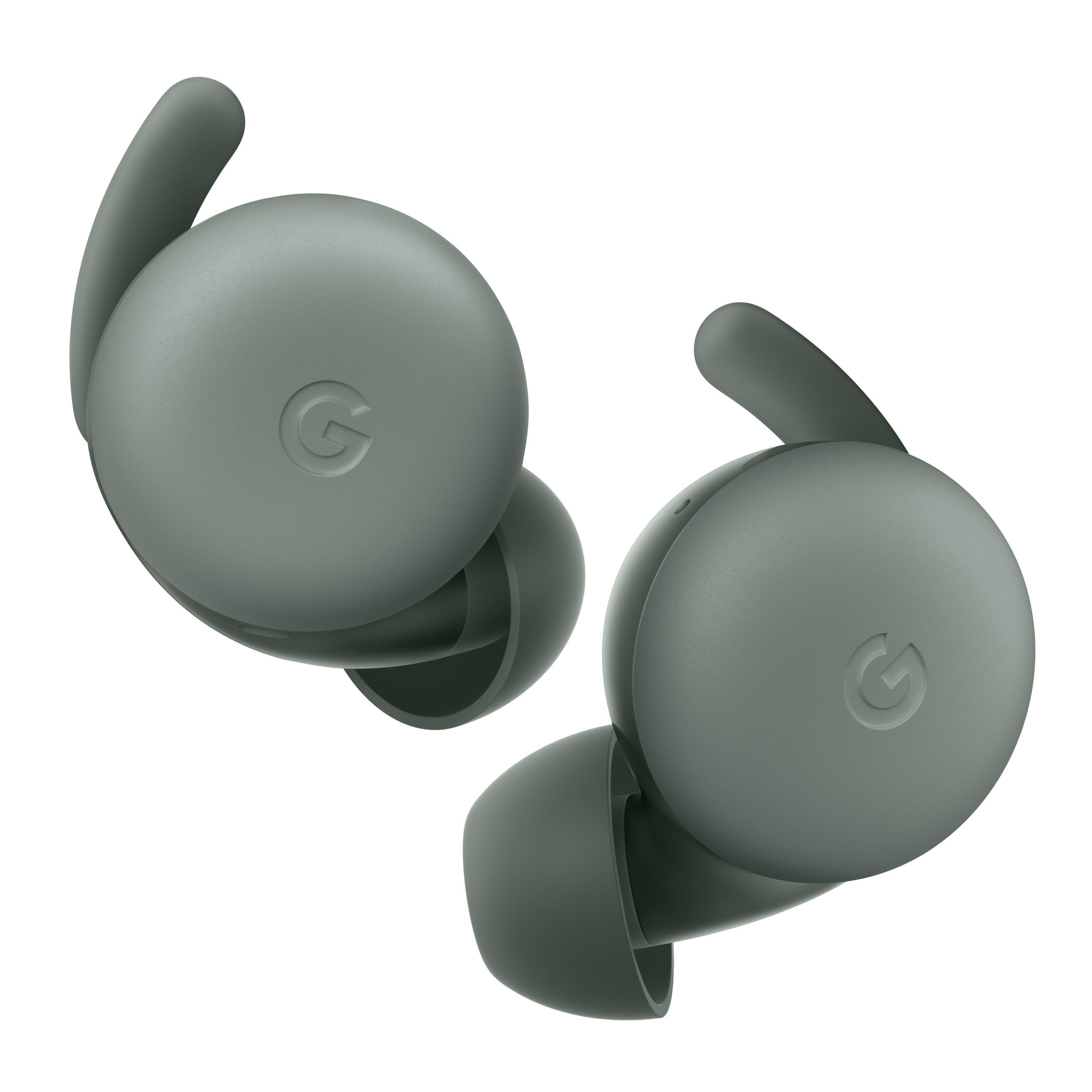 Zwei graue Google Pixel Buds, isoliert auf Weiß. Jedes hat ein G-Logo, leicht angewinkelt.