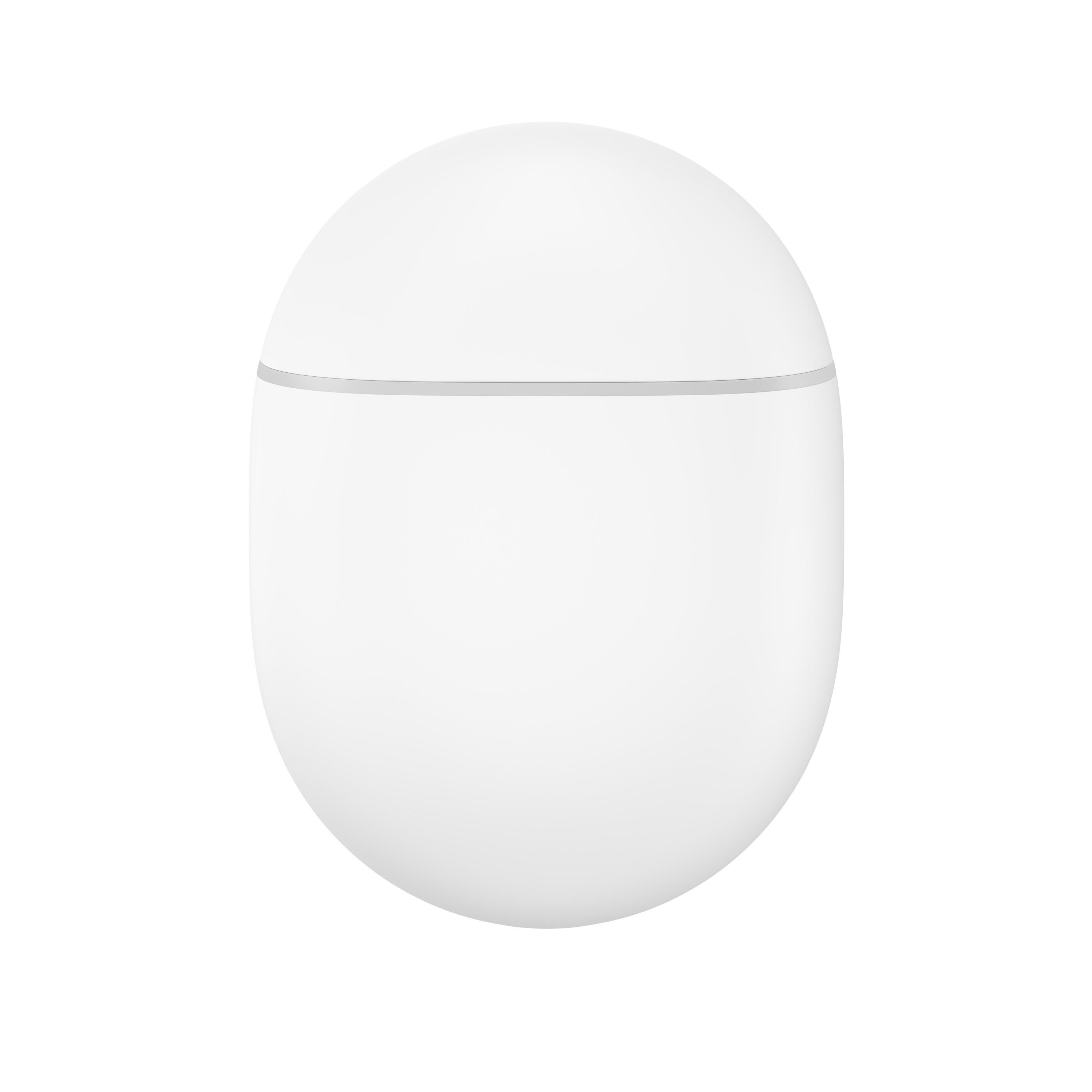 Weißes, eiförmiges Gerät mit silbernem Band. Es ist ein minimalistisches und glattes Design.