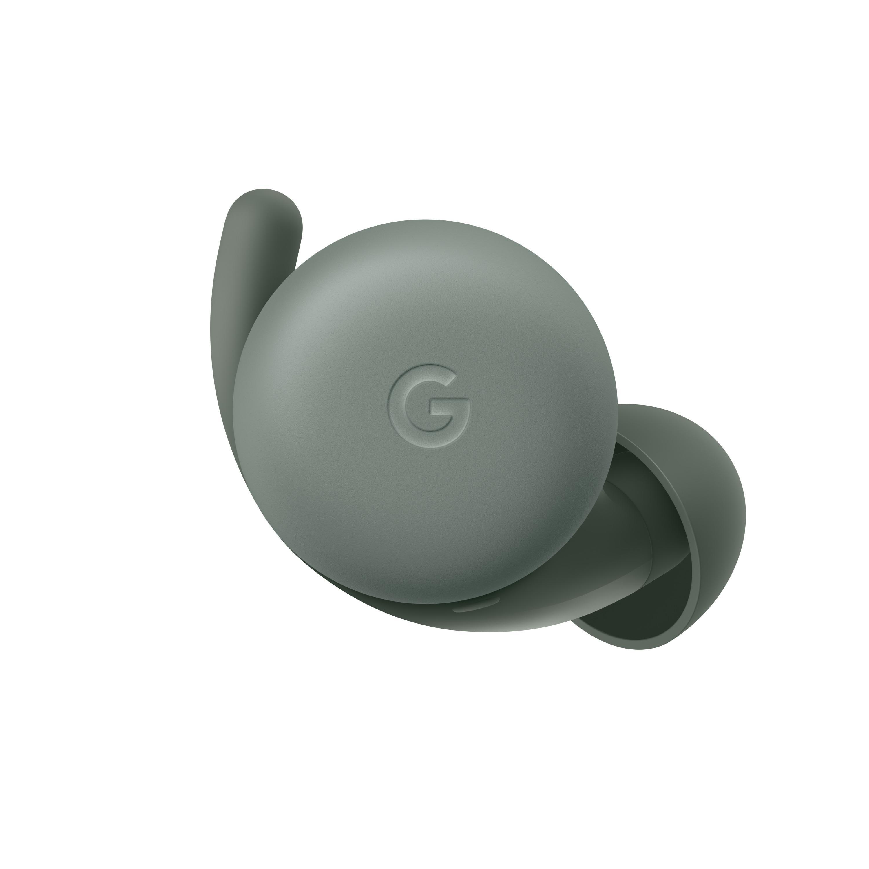 Ein grüner Ohrhörer mit runder Form und kleinem „G“-Logo auf der Außenseite.