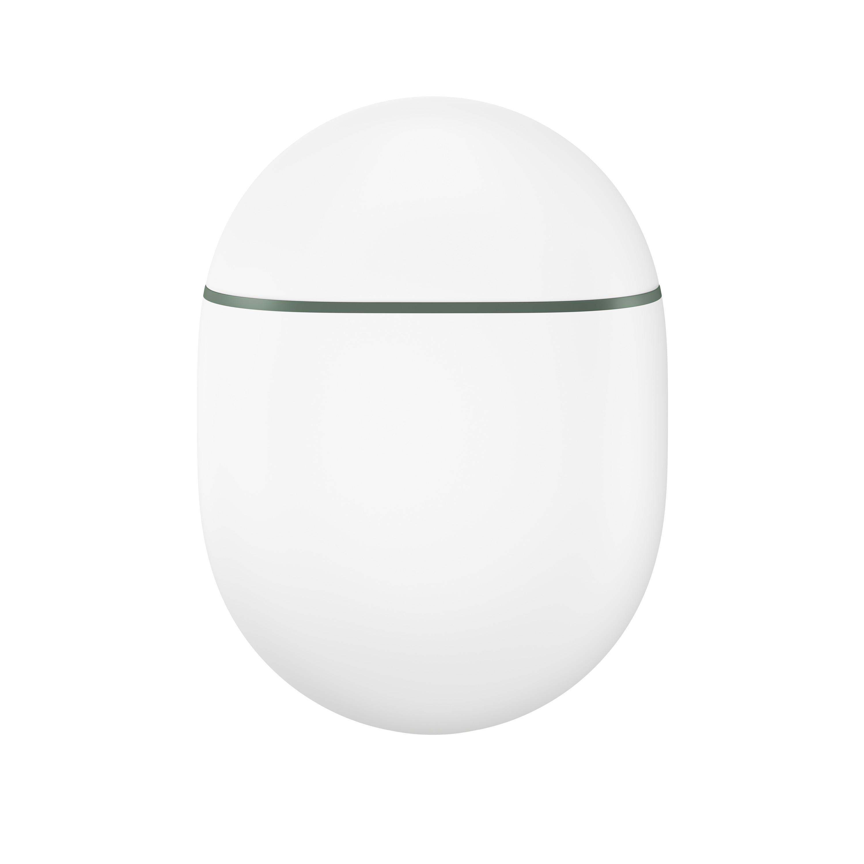 Weißer, eiförmiger Produktbehälter. Grüne Linie um die Mitte. Minimalistisches Design.