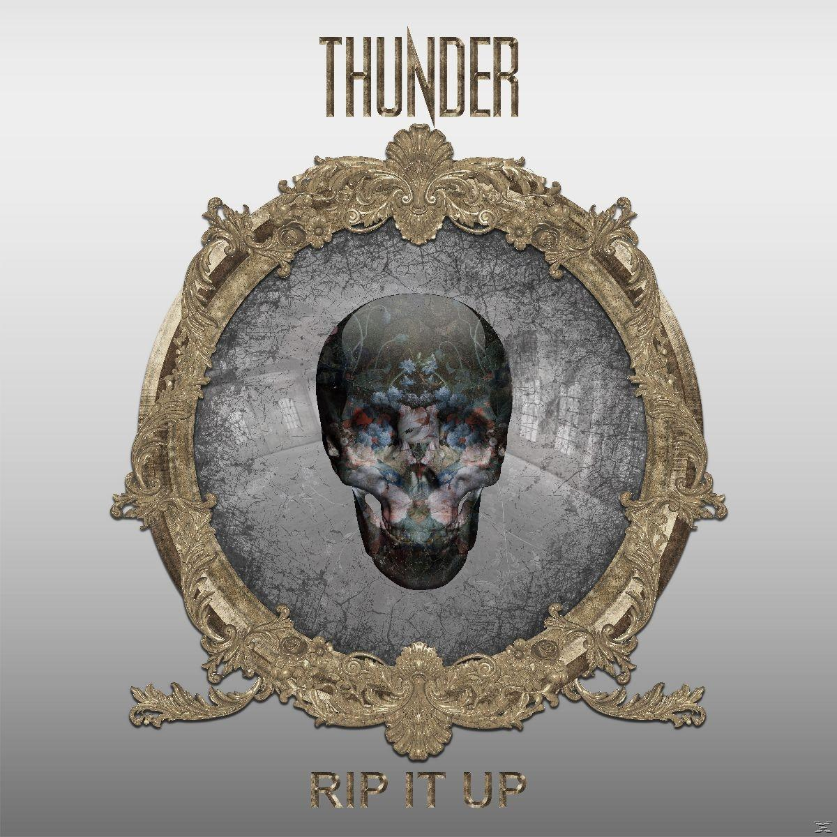 Albumcover: Totenkopf in Zierrahmen, THUNDER, RIP IT UP.