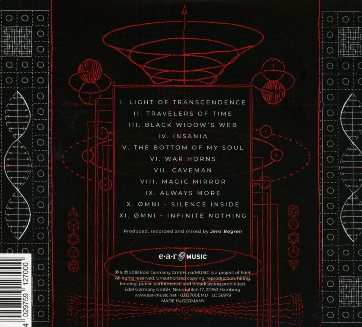 Rückseite einer Musik-CD mit schwarzem und rotem Design und einer Titelliste.