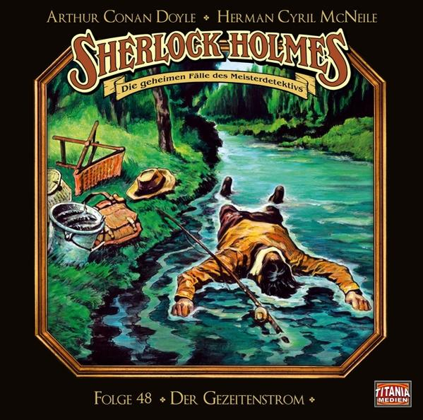 Albumcover mit Mann im Wasser, Angelausrüstung und malerischem Hintergrund. Titel: Sherlock Holmes.