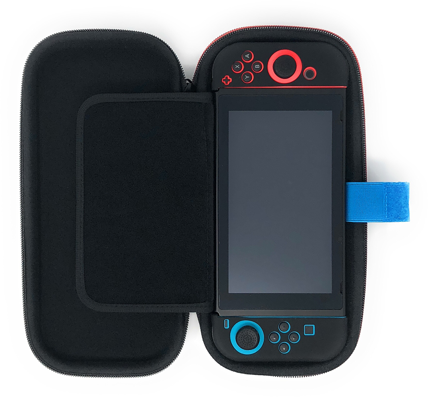 A black case for a Nintendo Switch, open. A Switch is inside with controllers attached.