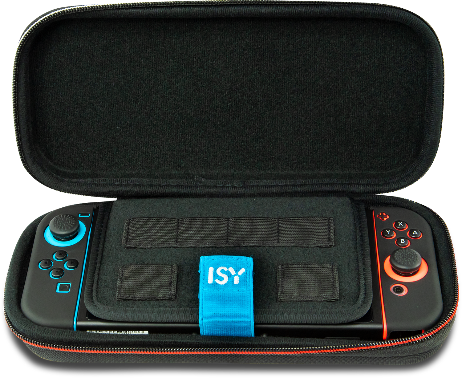A black case for a Nintendo Switch, open. The Switch is inside with controllers attached.