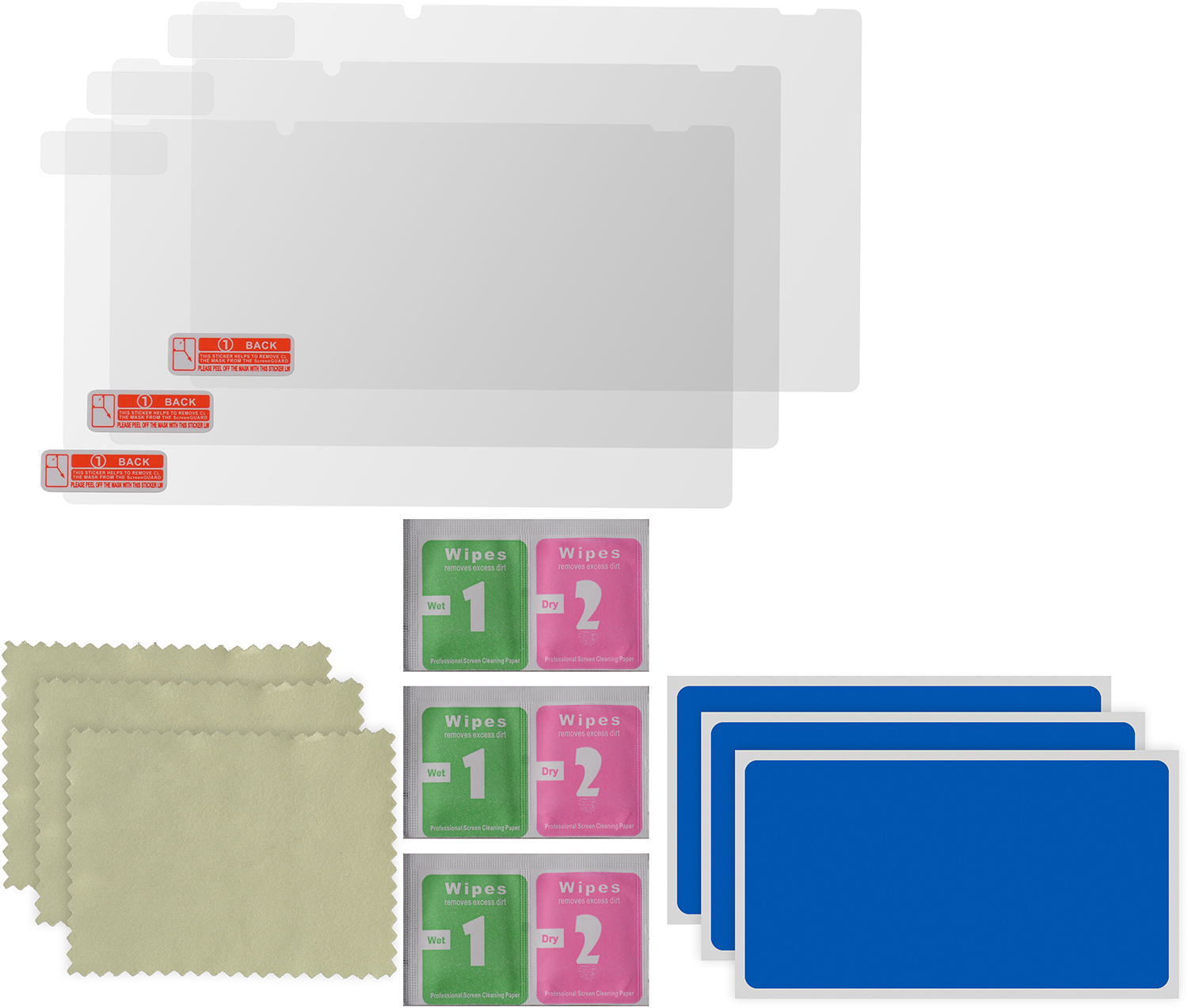 A collection of screen protectors, cleaning wipes, and a microfiber cloth.