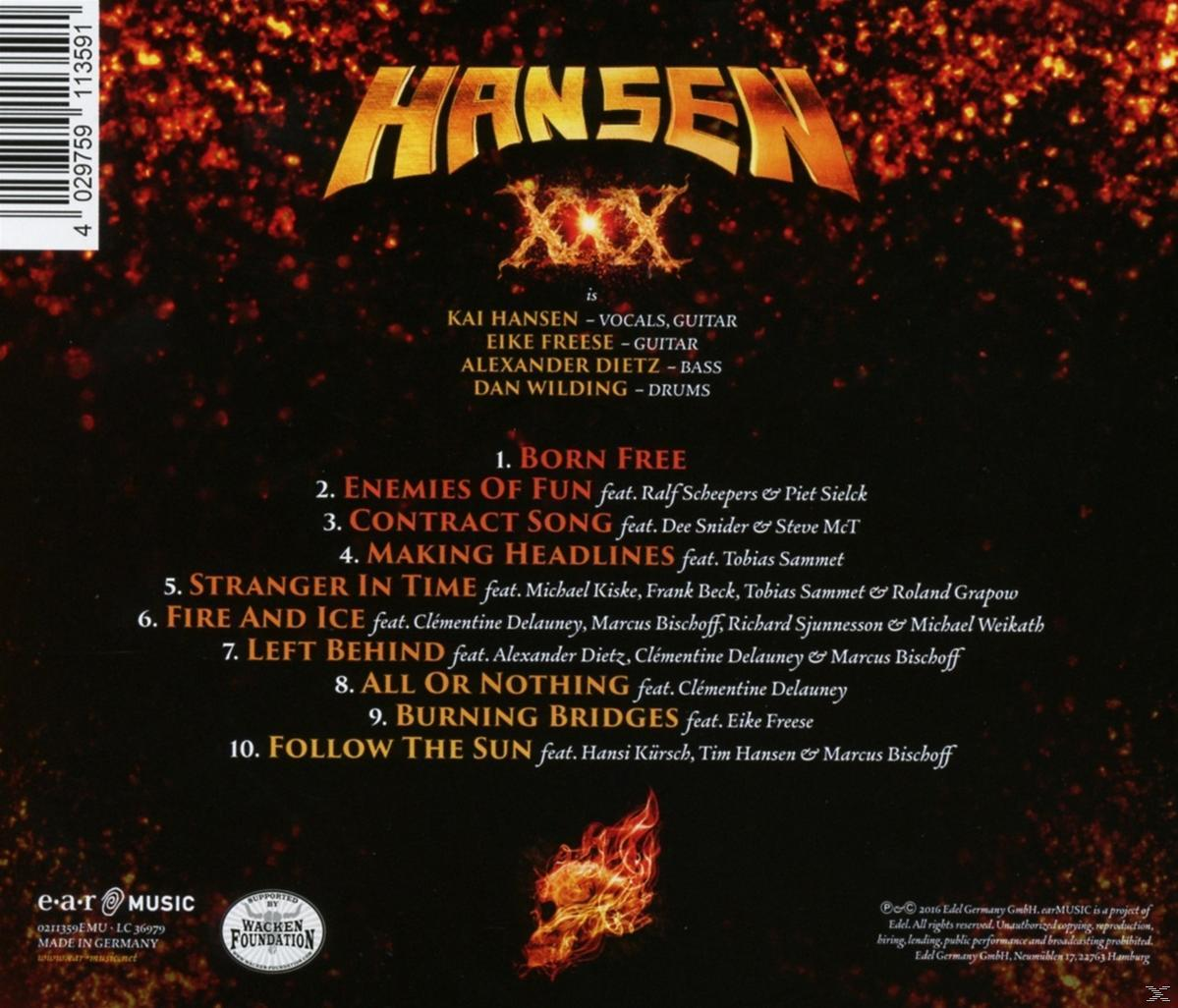 CD borító Hansen zenekari adatokkal és dalcímekkel, tüzes háttérrel.